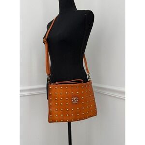 Pratesi Firenze Italian Leather Studded Crossbody Clutch Bag - Cognac Camel